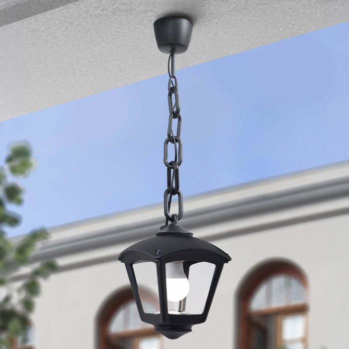 Fumagalli Farol de Techo con Cadena Sicar/Roby, Negro, Cristal Transparente, IP55, Casquillo E27 (máx. 23W), 195x195x700 mm, Bombilla no Incluida