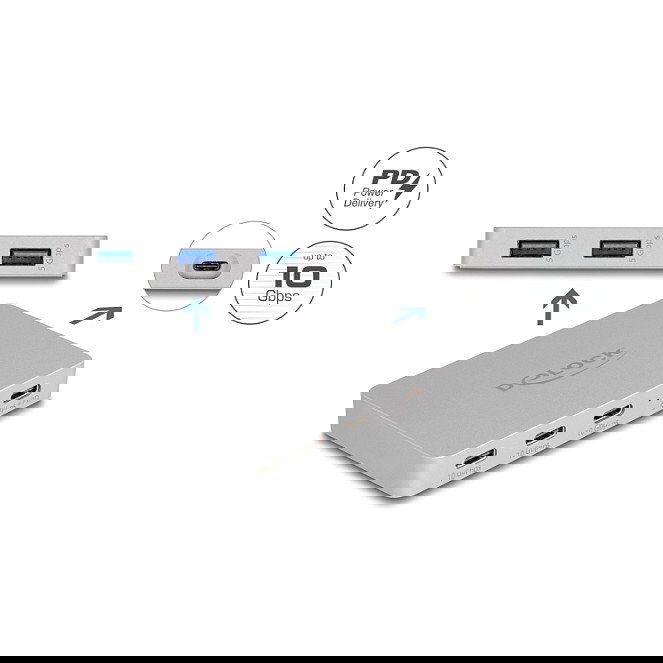 DeLOCK Hub USB 7 Puertos (4x USB-C, 3x USB-A) con Power Delivery 82W, USB 3.2 Gen 2, 10 Gbps, Aluminio Gris DeLOCK Hub USB 7 Puertos (4x USB-C, 3x USB-A) con Power Delivery 82W, USB 3.2 Gen 2, 10 Gbps, Aluminio Gris