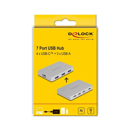 DeLOCK Hub USB 7 Puertos (4x USB-C, 3x USB-A) con Power Delivery 82W, USB 3.2 Gen 2, 10 Gbps, Aluminio Gris DeLOCK Hub USB 7 Puertos (4x USB-C, 3x USB-A) con Power Delivery 82W, USB 3.2 Gen 2, 10 Gbps, Aluminio Gris
