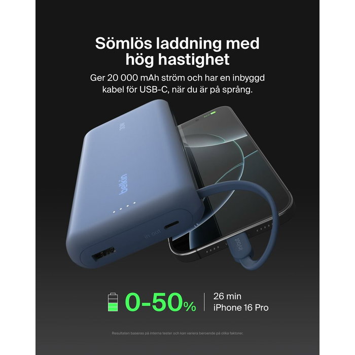 Belkin BoostCharge Power Bank 20000 mAh con cable USB-C integrado, 30 W, Azul