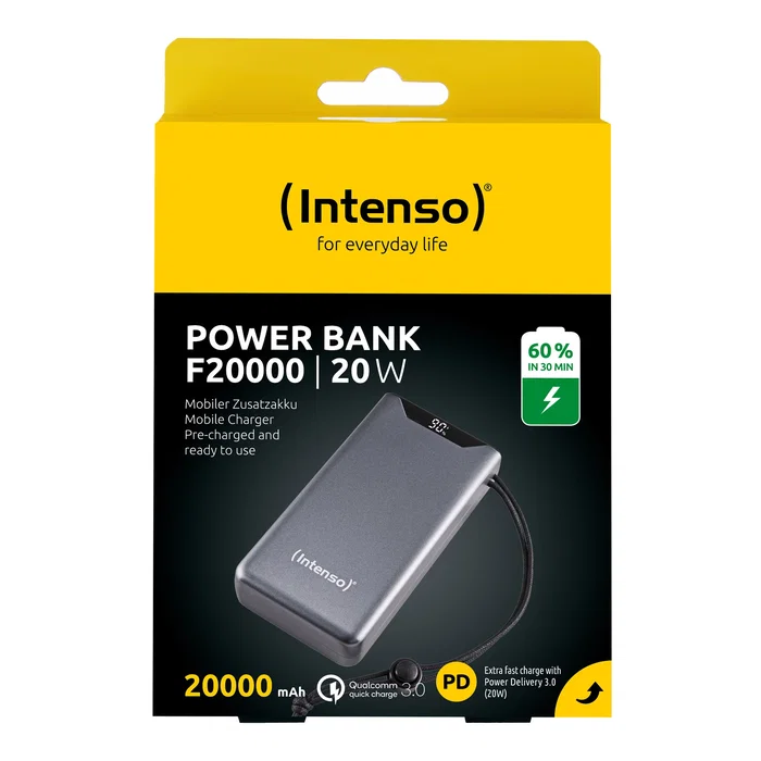 Intenso Power Bank 7332054 20000 mAh Gris con Carga Rápida PD 3.0 y QC 3.0, USB-C, Pantalla LCD y Cable Incluido