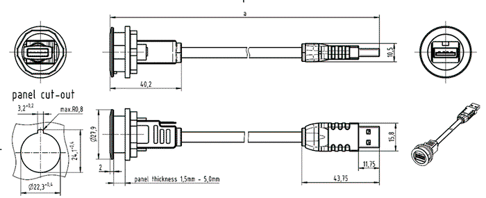 HARTING Conector hembra USB har-port 22mm negro