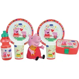 Fun House FUN3524550064826 Vajilla Infantil Peppa Pig: 2 Platos Hondos Ø 22 cm, 2 Vasos 220 ml, Botella 350 ml, Caja Aperitivos y Peluche 17 cm