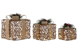 DKD Home Decor Set de Regalo 3 LED Ratán Natural 26x26x30 cm