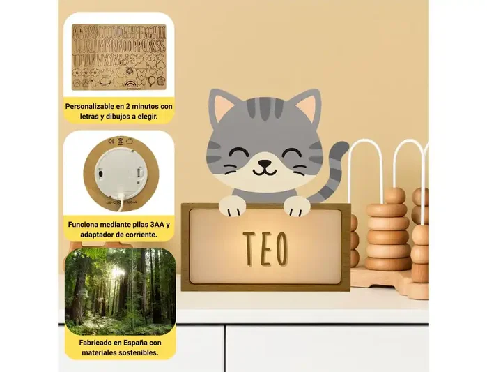Wondee Lámpara de Noche Personalizable Gato de Madera Sostenible