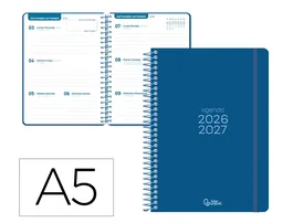 Liderpapel Agenda Escolar 2026-2027 A5 Semana Vista Bilingüe Espiral Basic Azul Marino Papel FSC 70g con Gomilla