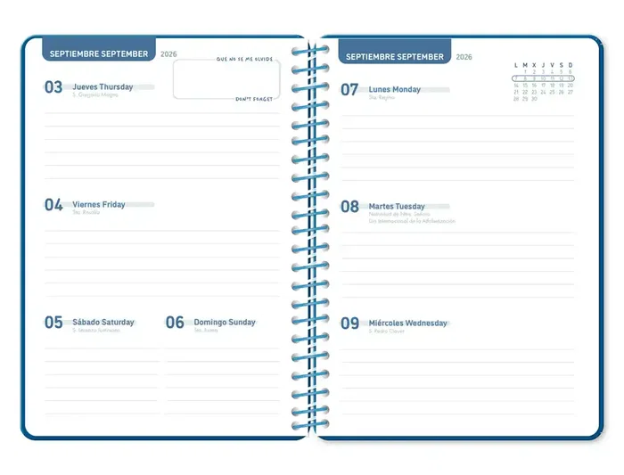 Liderpapel Agenda Escolar 2026-2027 A5 Semana Vista Bilingüe Espiral Basic Azul Marino Papel FSC 70g con Gomilla