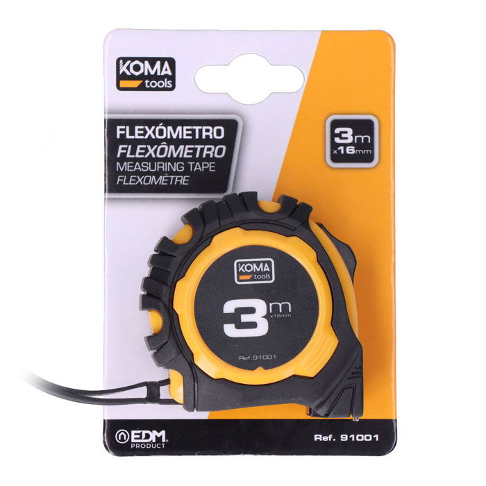 Koma Tools Flexómetro Standard 3 m x 16 mm, Cuerpo ABS Antideslizante con 2 Posiciones de Bloqueo y Clip para Cinturón, Cinta Amarilla Mate