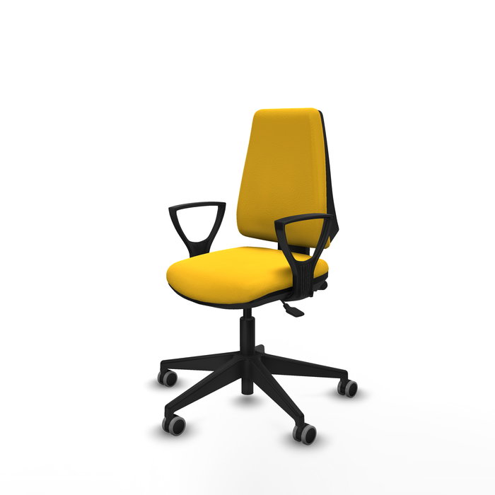 Silla de oficina Elche con mecanismo Asincro tapizada con Similpiel color Amarillo. Equipada con Base piramidal negra, Brazos fijos y Ruedas 65 mm parqué