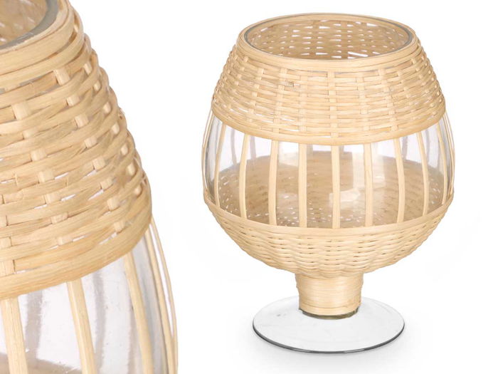 Giftdecor Portavela Copa Vidrio Rattan 18 x 22 x 18 cm Transparente Natural (Set de 6)