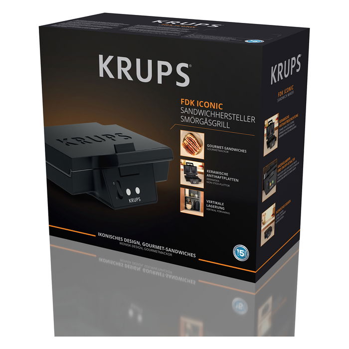 Krups FDK462 Iconic Sandwich Maker, Negro, 850W, Para 2 Sandwichs, Placas Antiadherentes, Almacenamiento de Cable y Vertical