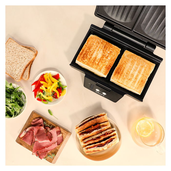 Krups FDK462 Iconic Sandwich Maker, Negro, 850W, Para 2 Sandwichs, Placas Antiadherentes, Almacenamiento de Cable y Vertical