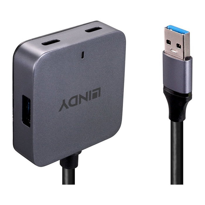 Lindy 43388 Hub de 4 puertos USB 3.2 Gen 1 (3.1 Gen 1), Negro y Gris