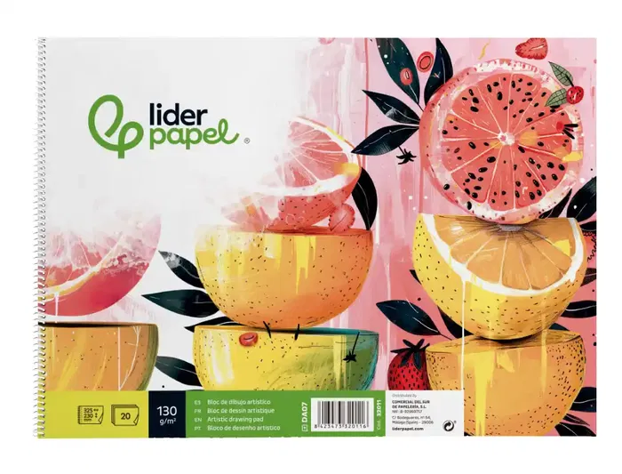 Liderpapel Bloc Dibujo Artístico Frutal Espiral 230x325 mm 20 Hojas 130g/m2 sin Recuadro Perforado
