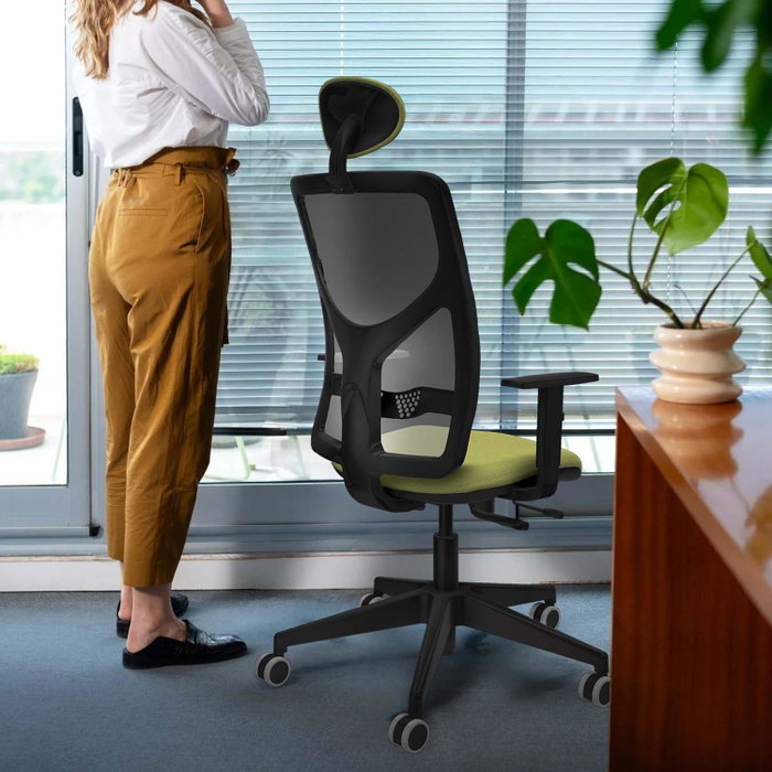 PIQUERAS Y CRESPO Silla de oficina Motilla con mecanismo Sincro/Traslack, tela marrón y malla azul