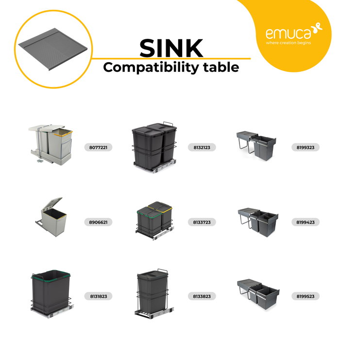 Emuca Protector fondo fregadero Sink para mueble de cocina, M60, 567x580mm, espesor de tablero 16mm, cortable, Plástico, Gris antracita