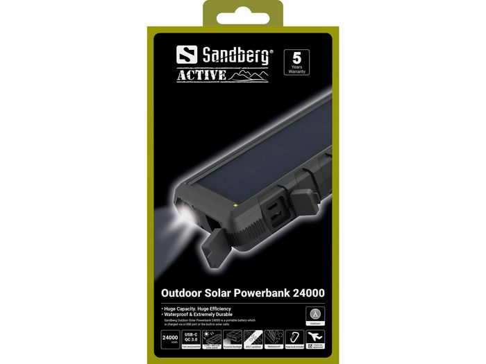 Sandberg Outdoor Powerbank Solar 24000mAh - Batería Portátil Impermeable con Paneles Solares, USB-C y USB 3.0, Gran Capacidad