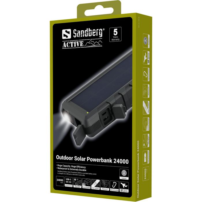 Sandberg Outdoor Powerbank Solar 24000mAh - Batería Portátil Impermeable con Paneles Solares, USB-C y USB 3.0, Gran Capacidad