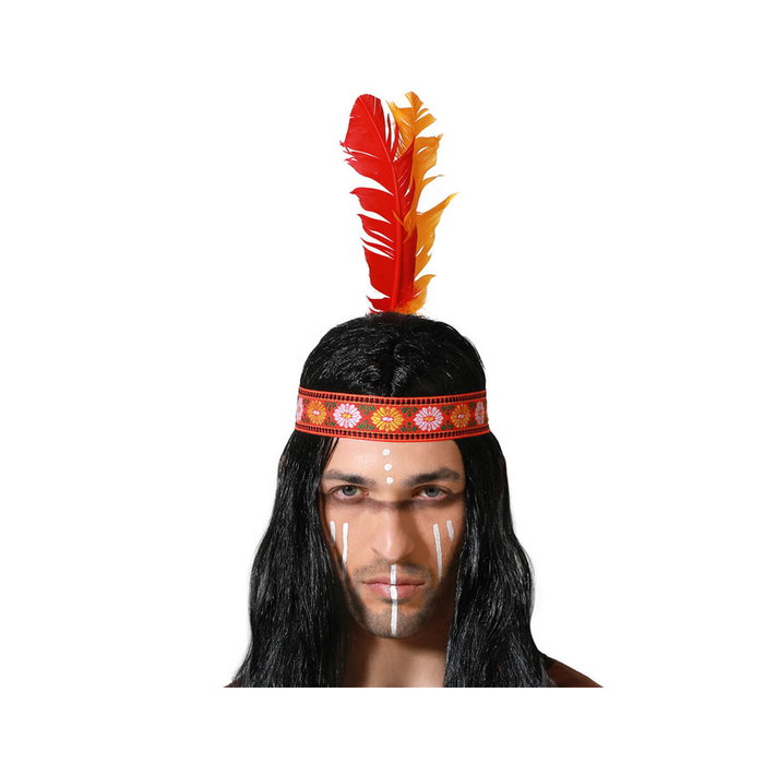 Atosa Cinta de Disfraz con Plumas para el Cabello - Turbante Indio Tribal en Rojo y Amarillo para Adultos