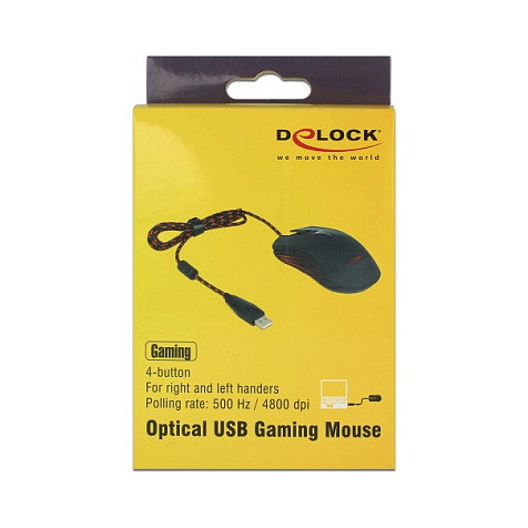 DeLOCK 12531 Ratón Gaming Óptico Ambidiestro 4800 DPI USB para PC y Portátil, 4 Botones, Interruptor DPI, Negro y Rojo, 1.8 m de Cable