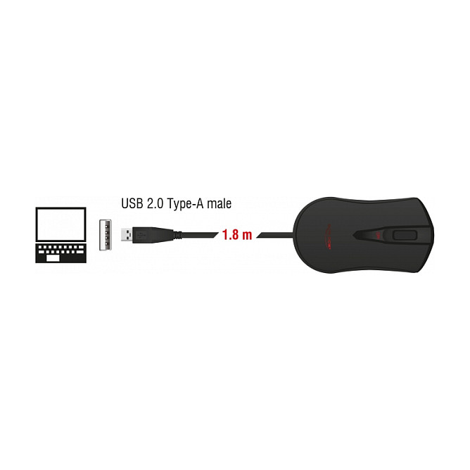 DeLOCK 12531 Ratón Gaming Óptico Ambidiestro 4800 DPI USB para PC y Portátil, 4 Botones, Interruptor DPI, Negro y Rojo, 1.8 m de Cable