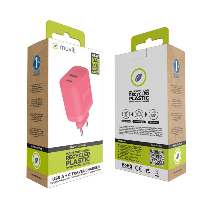 Cargador de Pared Muvit for Change WCEU24-45-AC Magenta 45 W