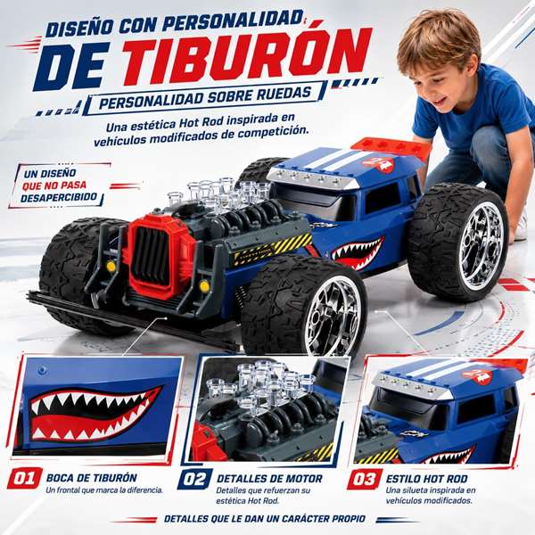 JugaToys Coche Radio Control High Speed Hotrod Tiburón 2.4Ghz con Humo y LED