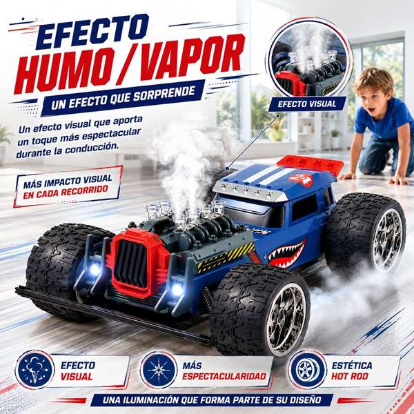 JugaToys Coche Radio Control High Speed Hotrod Tiburón 2.4Ghz con Humo y LED