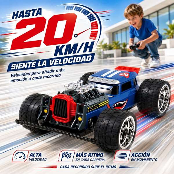 JugaToys Coche Radio Control High Speed Hotrod Tiburón 2.4Ghz con Humo y LED