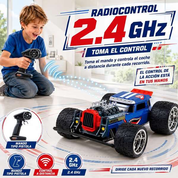 JugaToys Coche Radio Control High Speed Hotrod Tiburón 2.4Ghz con Humo y LED