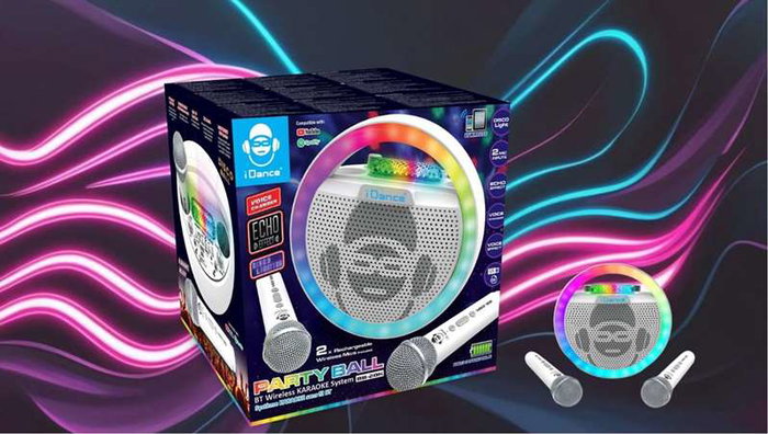 iDance Altavoz karaoke circular con luces disco y 2 micrófonos inalámbricos