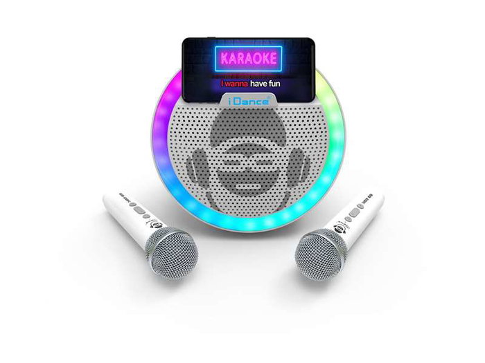 iDance Altavoz karaoke circular con luces disco y 2 micrófonos inalámbricos