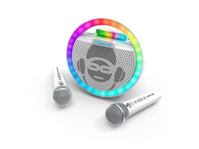 iDance Altavoz karaoke circular con luces disco y 2 micrófonos inalámbricos