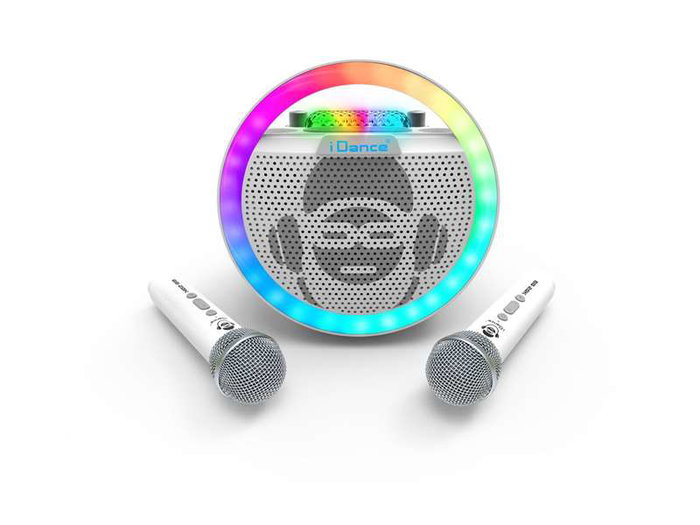 iDance Altavoz karaoke circular con luces disco y 2 micrófonos inalámbricos