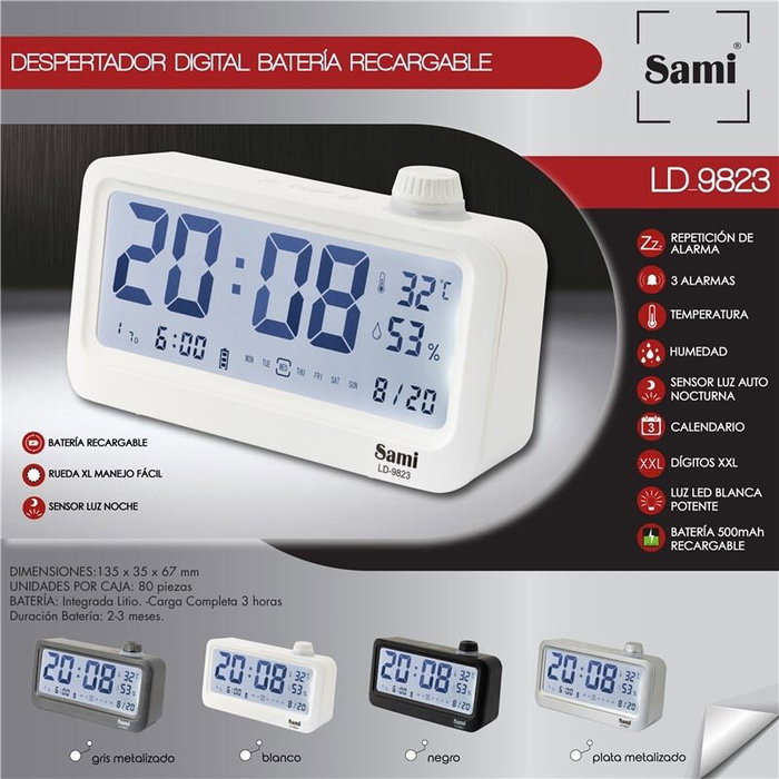 SAMI Despertador LCD Digit XL con Pantalla Grande y Batería Recargable