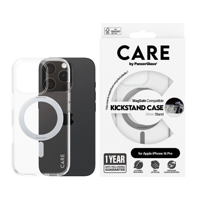 PanzerGlass CARE Feature Case con Soporte Plateado y MagSafe para iPhone 16 Pro