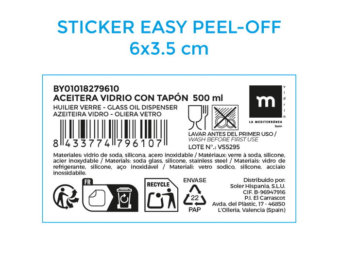 La Mediterranea Aceitera Vidrio con Tapón 500 ml 8.6 x 5.2 x 23.7 cm (24 Unidades)
