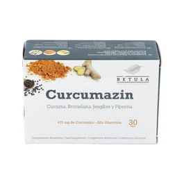 BETULA Curcumazin 30 Cápsulas con Cúrcuma, Bromelaína, Jengibre y Piperina para Vegetarianos
