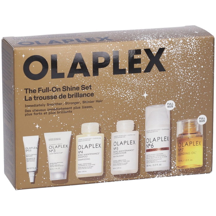 The Full-On Shine Set Olaplex: No.6 Bond Smoother, Hair Styling Cream, 100 ml + No.3 Hair Perfector, Hair Cream Treatment, For Revitalisation, 30 ml + No.4 Bond Maintenance, Hair Shampoo, Repairing & Strengthening, 30 ml + No. 0.5 Scalp Longevity Treatmen The Full-On Shine Set Olaplex: No.6 Bond Smoother, Hair Styling Cream, 100 ml + No.3 Hair Perfector, Hair Cream Treatment, For Revitalisation, 30 ml + No.4 Bond Maintenance, Hair Shampoo, Repairing & Strengthening, 30 ml + No. 0.5 Scalp Longevity Treatmen