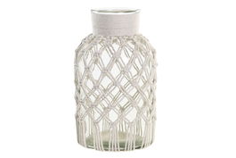 DKD Home Decor Jarrón Mediterraneo Transparente Blanco Cristal Algodón Red Macramé 18 x 31 x 18 cm (6 Unidades)