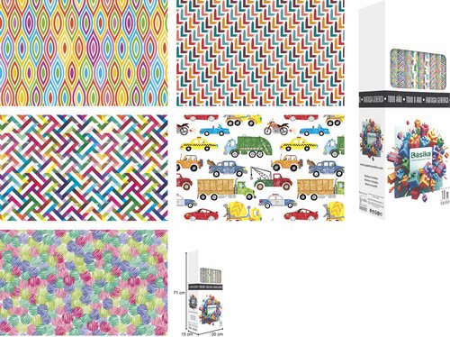BASIKA Caja de 30 rollos de papel de regalo 0,7x10 m decorados surtidos BASIKA Caja de 30 rollos de papel de regalo 0,7x10 m decorados surtidos