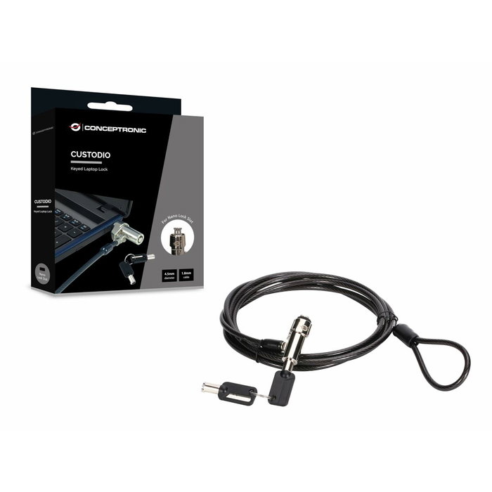 Conceptronic Candado para portátil Nano con llave, 1,8 m, Negro