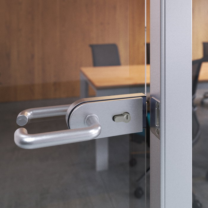 Emuca Cerradura para puerta de cristal con marco de madera, bombillo con llaves, puerta vidrio 8-12mm, acero y aluminio, anodizado mate