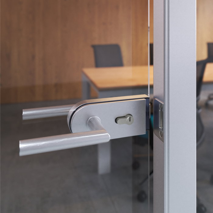 Emuca Cerradura para puerta de cristal con marco de madera, bombillo con llaves, puerta vidrio 8-12mm, acero y aluminio, anodizado mate
