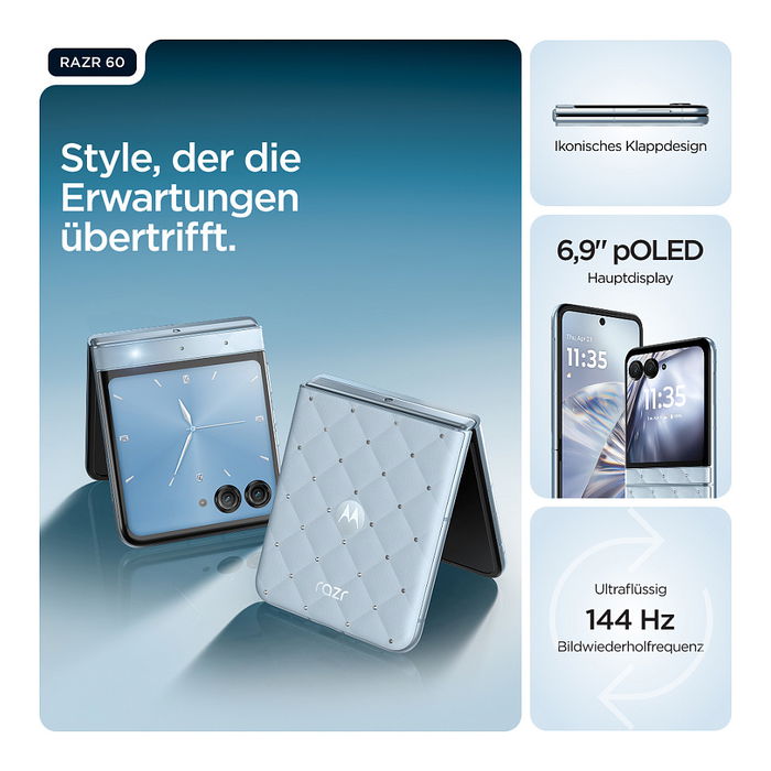 Motorola razr 40 Ultra - Bundle con moto buds loop - Smartphone plegable 6.9" P-OLED 120Hz, 256GB 8GB RAM, 5G, 50MP, Android 15, Batería 4500 mAh, Color Azul Motorola razr 40 Ultra - Bundle con moto buds loop - Smartphone plegable 6.9" P-OLED 120Hz, 256GB 8GB RAM, 5G, 50MP, Android 15, Batería 4500 mAh, Color Azul