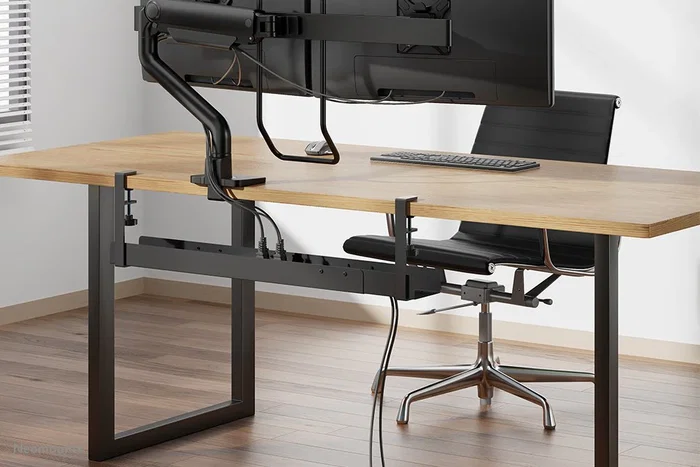Neomounts ADS07-120BL Organizador de Cables para Escritorio, Bandeja de Cables con Montaje por Abrazadera Universal, Ajustable 80-100-120 cm, Acero, Negro - 1 pieza