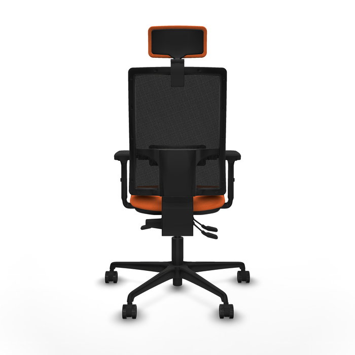 Silla de oficina Bormate con mecanismo Asincro tapizada con Tela color Naranja y malla color Negro. Equipada con lumbar 1D, Brazos 2D, Cabecero 2D y Ruedas 65mm nailon