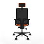 Silla de oficina Bormate con mecanismo Asincro tapizada con Tela color Naranja y malla color Negro. Equipada con lumbar 1D, Brazos 2D, Cabecero 2D y Ruedas 65mm nailon