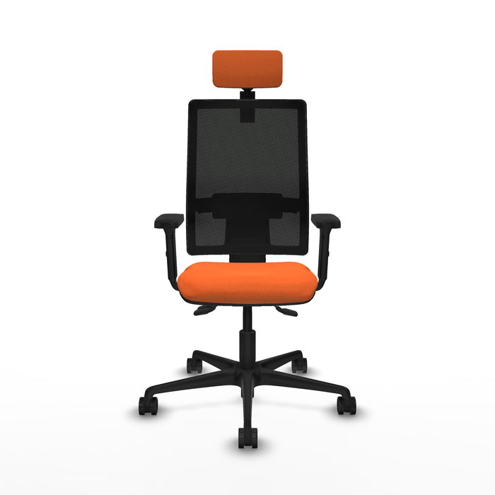 Silla de oficina Bormate con mecanismo Asincro tapizada con Tela color Naranja y malla color Negro. Equipada con lumbar 1D, Brazos 2D, Cabecero 2D y Ruedas 65mm nailon