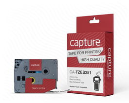 Capture TZES251 Cinta Adhesiva Máxima, Compatible con P-Touch, 24mm x 8m, Negro sobre Blanco